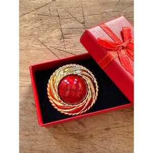 Vintage Gold-Tone Swirl Pin Brooch With Red Marble-Like Cabochon In Gift Box